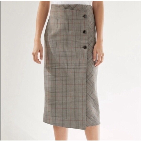 Aritzia Babaton Billy Asymmetrical Waist Plaid Button Midi Pencil Skirt Size 4 - Picture 1 of 10